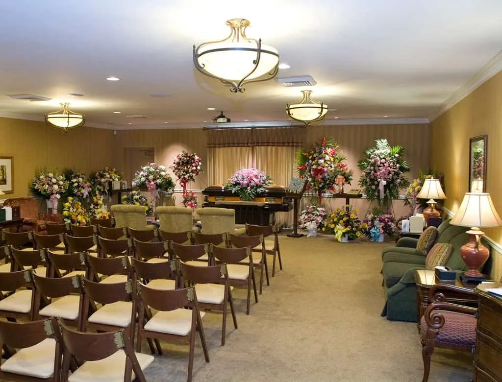 Traditional funeral home interior before memorial service