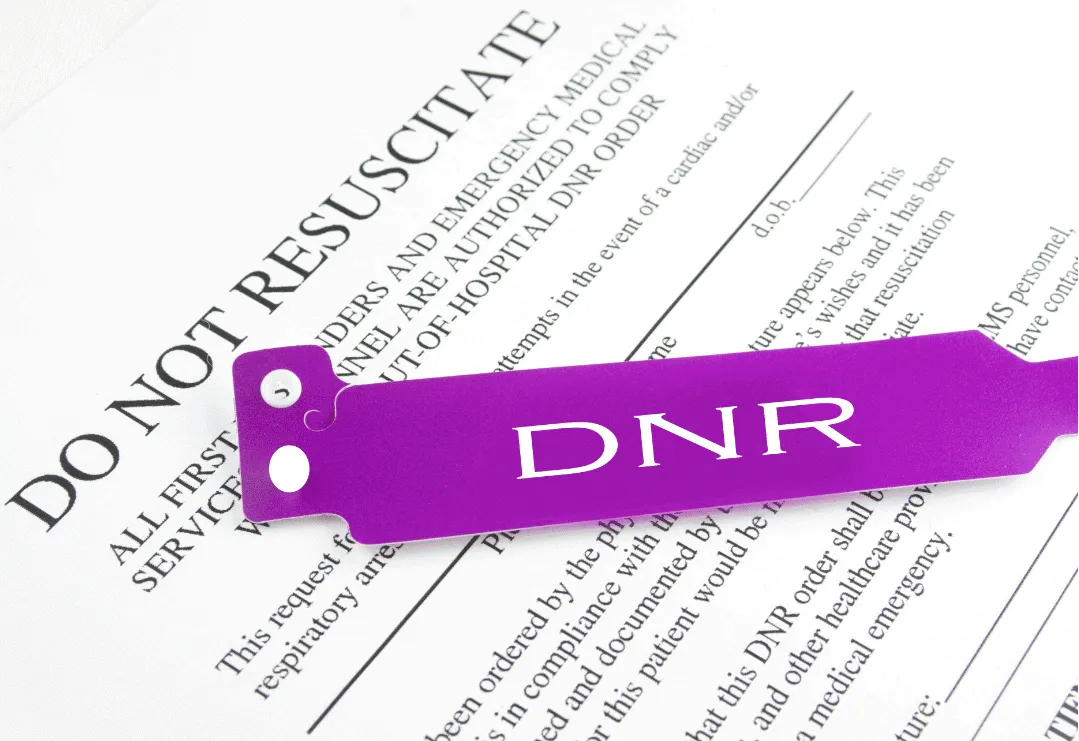 Do Not Resuscitate form with DNR patient wristband