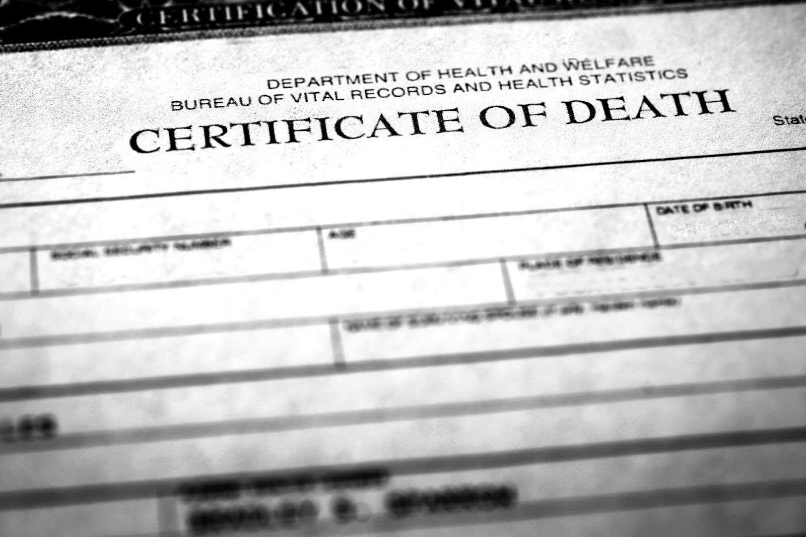 Official death certificate displaying details, used for legal and administrative purposes