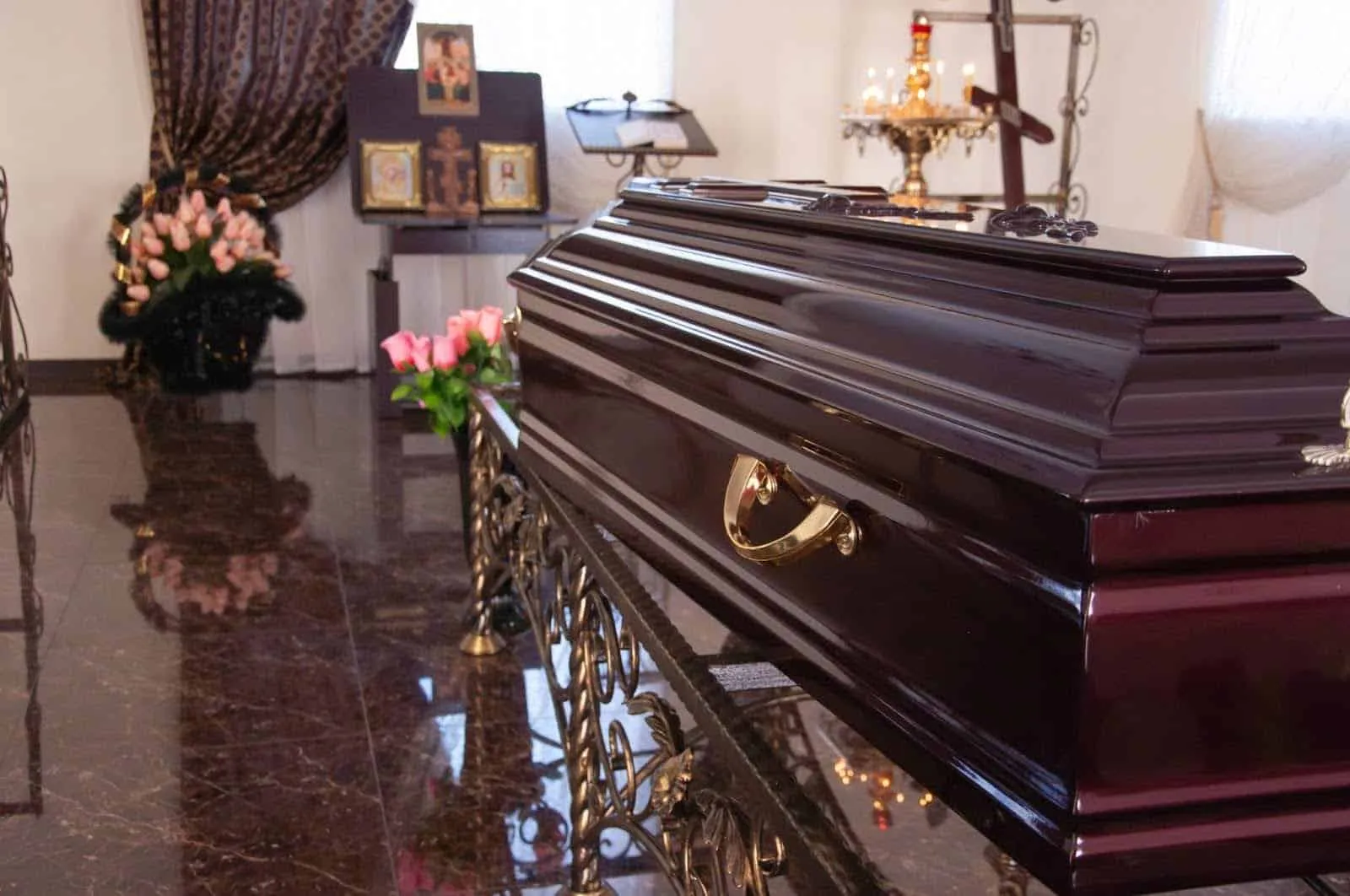 Casket on table at funeral home chapel
