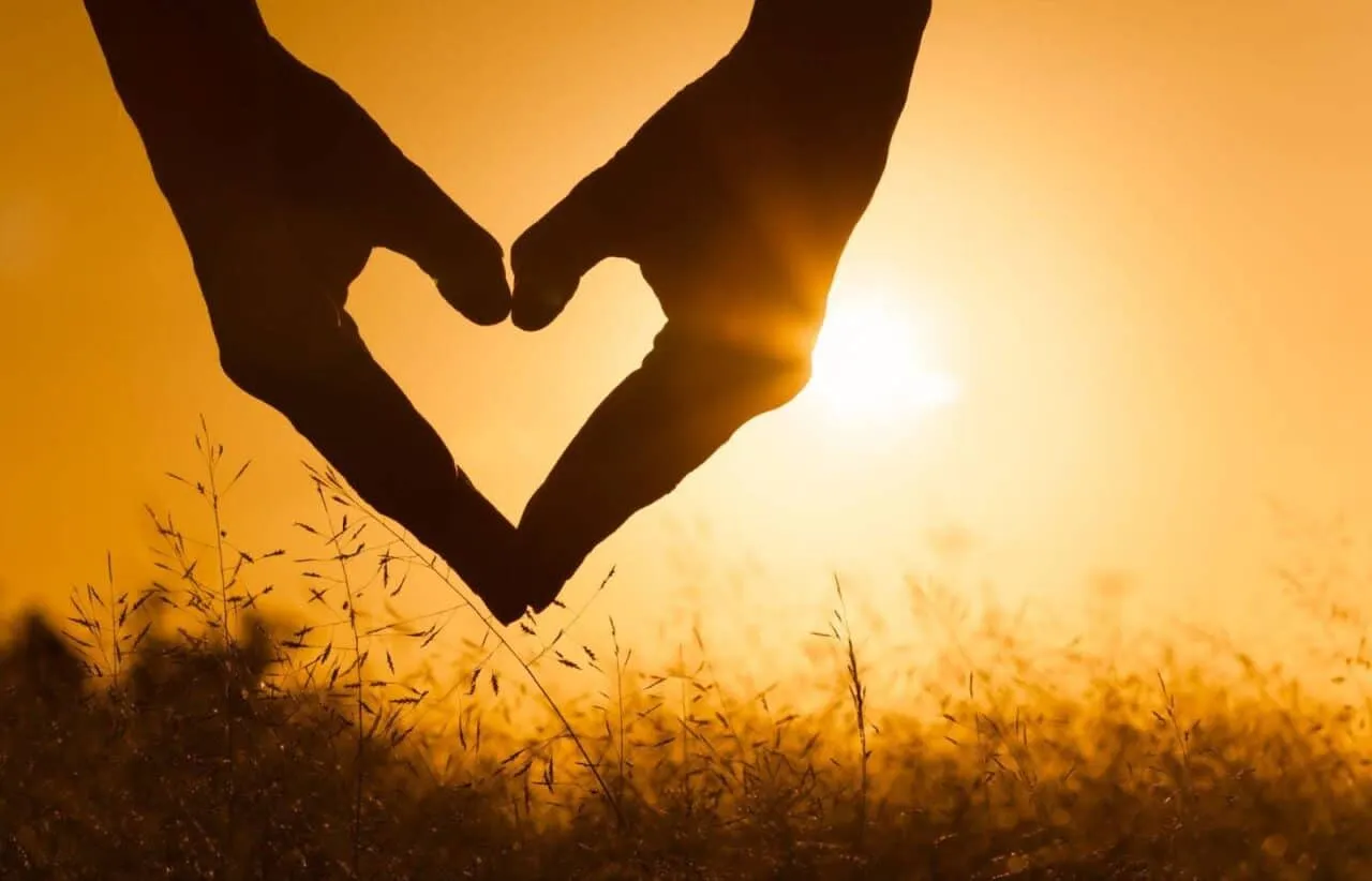 Hands forming heart shape against sunset sky, symbolizing generosity and body donation